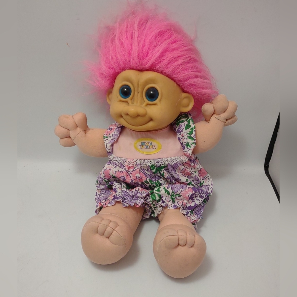 Vintage Russ Berrie & Co 13" Pink Hair Troll Doll Classical Pink Romper Outfit 